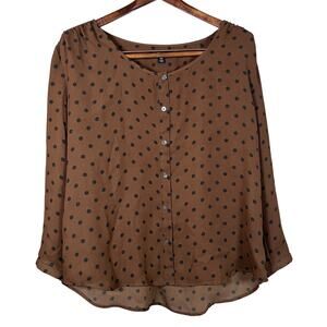 Lands' End Blouse Women's Size 14P Long Sleeve Brown Polka Dot Casual